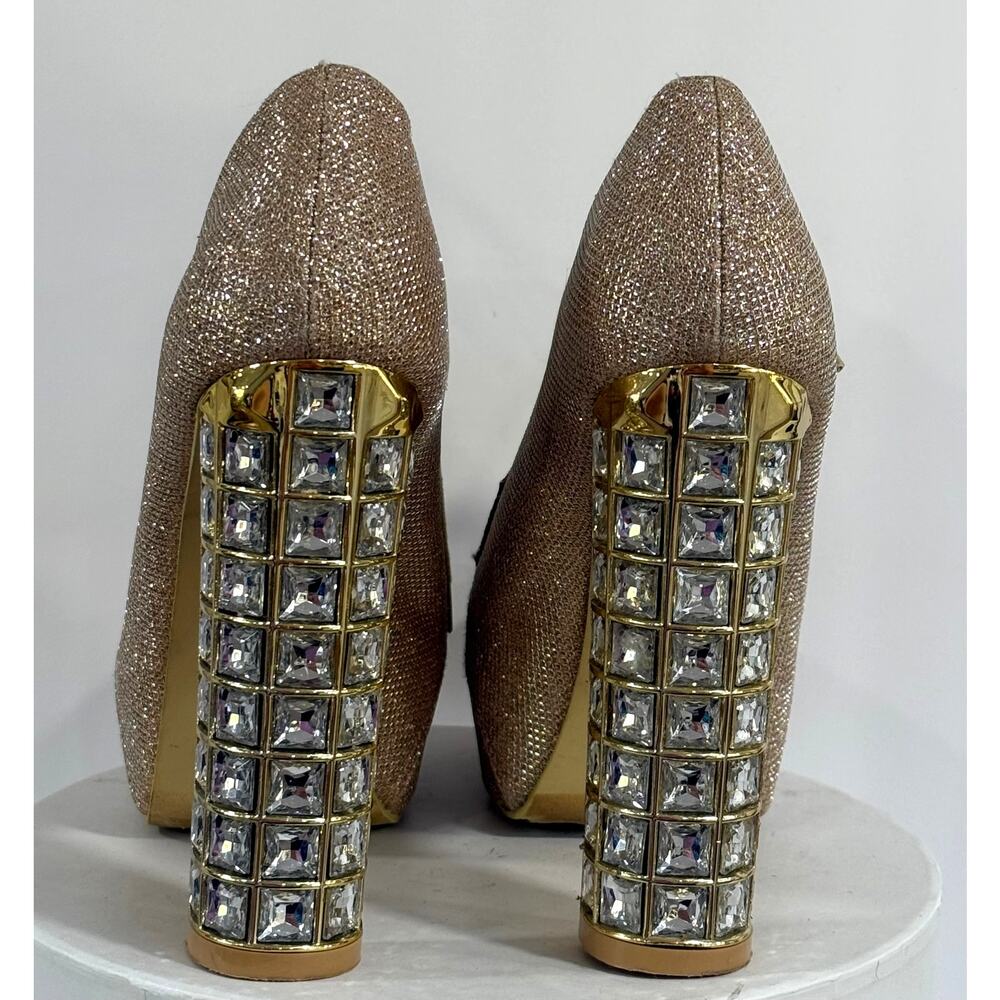 Y2K Lucite Crystal Heel Platform Booties Gold Glitter Club Glam Lace Up Shoes 6